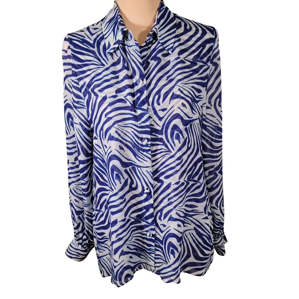 Blue Zebra Silk Blend Blouse XS S Karina Grimaldi Sheer Lined Resort Maximalist‎